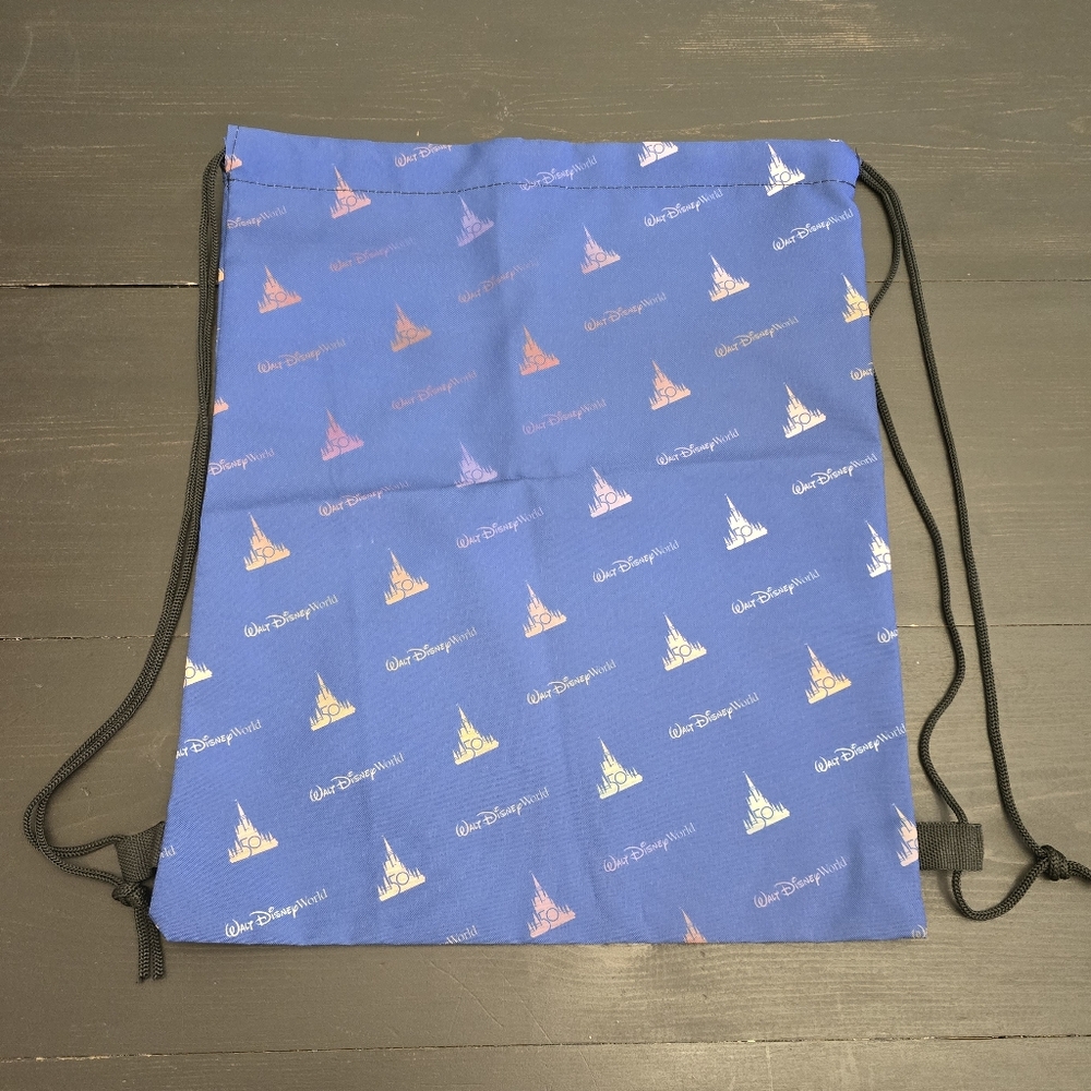 Walt Disney World 50th Anniversary Drawstring Bag Backpack Castle Blue NWOT